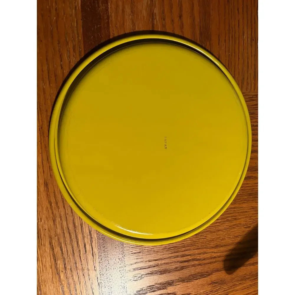 Vintage 1970s Mustard Yellow Enamel Fondue Pot with wood handle and drip tray